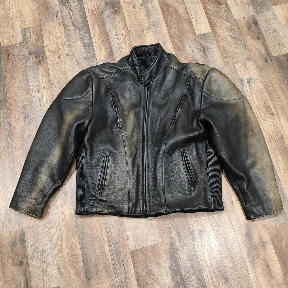 Unik Ultra Jacket Mens 50 Black Leather Motorcycle Padded Zip Pockets Rider